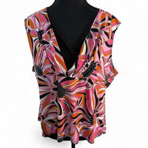 Vtg Giorgio Fiorlini Collection Blouse Top Plus Size XL Pink Orange Black Floral